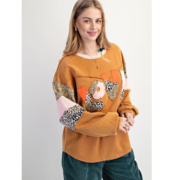 "The Freya" Camel LOVE Patch Front Washed Pullover - Picture 2 of 3